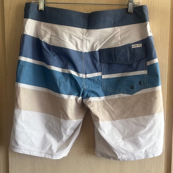 NWT Surf Cuz Men's Board Shorts Sz 30 Striped Print Blue Tan Swim Trunks Pocket - Picture 4 of 8